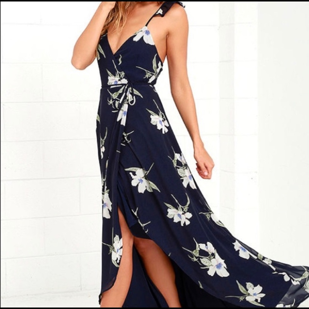 Lulus NAVY BLUE FLORAL PRINT HIGH-LOW WRAP DRESS